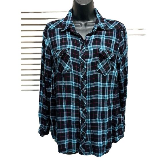 torrid Tops - Torrid Long Sleeve Flannel Shirt Black/Teal/Pink Plaid Size 0 Button Up